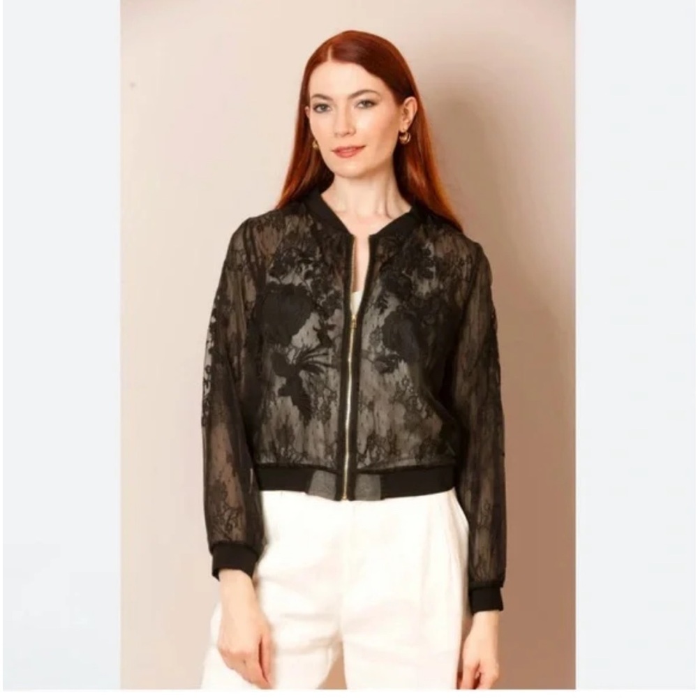 NWT Jessie Liu Iris Tulle Lace Combo Embroidered Silk Bomber Jacket Black XS